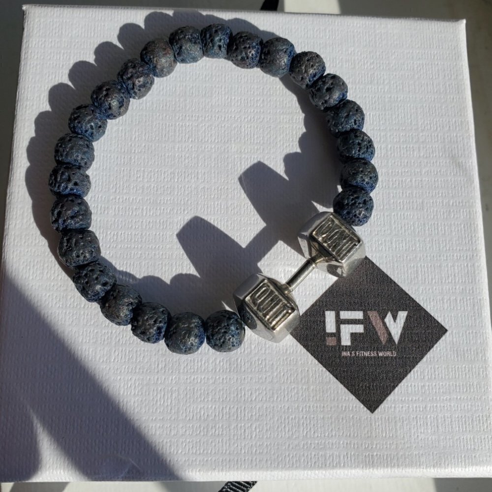 Handmade bracelet /w semiprecious stone & stainless steel "DON'T QUIT" dumbbell